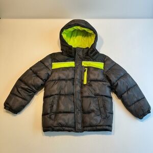 Xersion Puffer Jacket Kids Size 8 Grey Neon Yellow Good Camo Hooded Coat